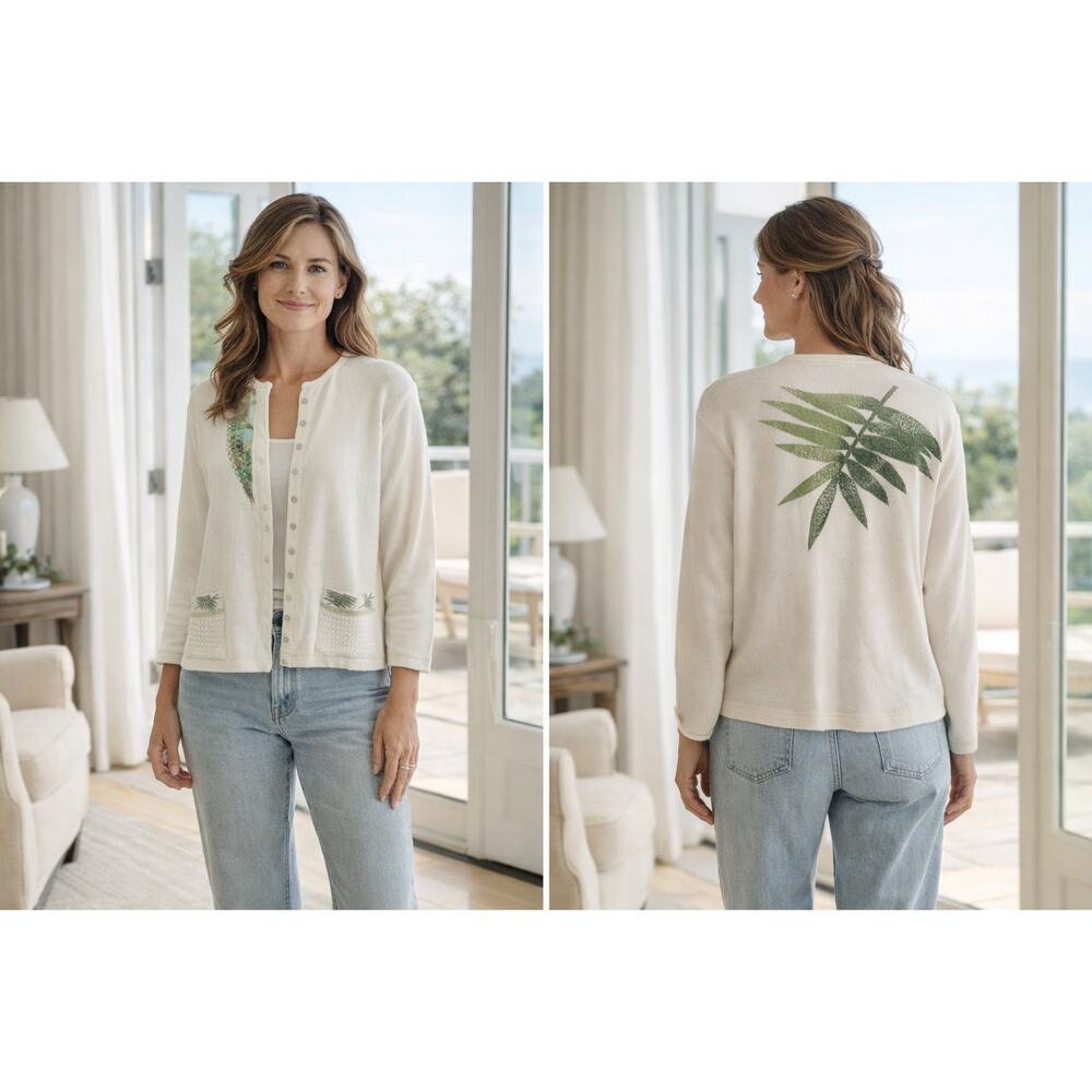 Vintage Knit Cardigan Palm Leaf Embroidered White Button Front Sweater Sz Small